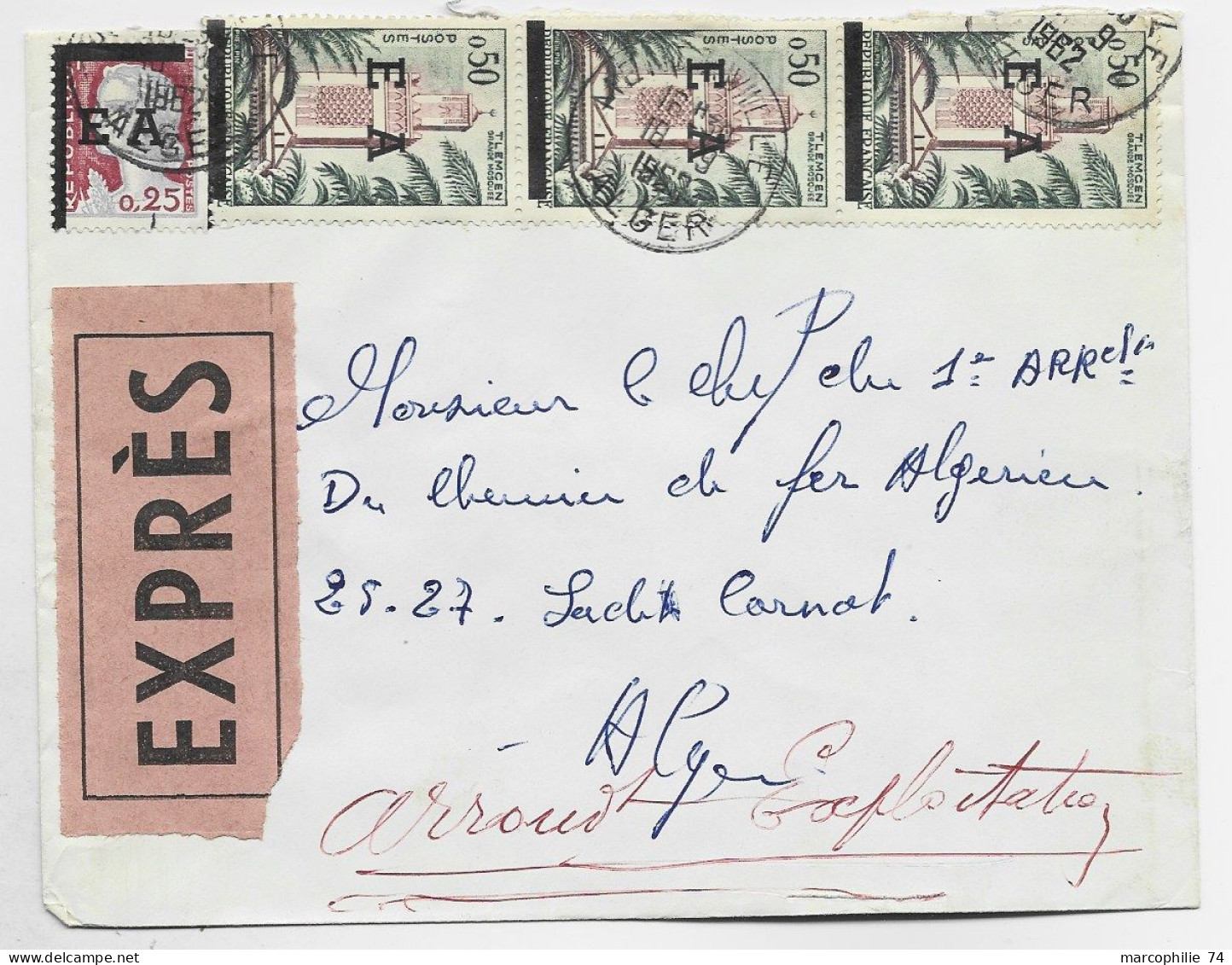 DECARIS 25C E.A.+50C TLEMCENX3 LETTRE EXPRES MENERVILLE 18.9.1962 ALGER - 1960 Marianne Of Decaris