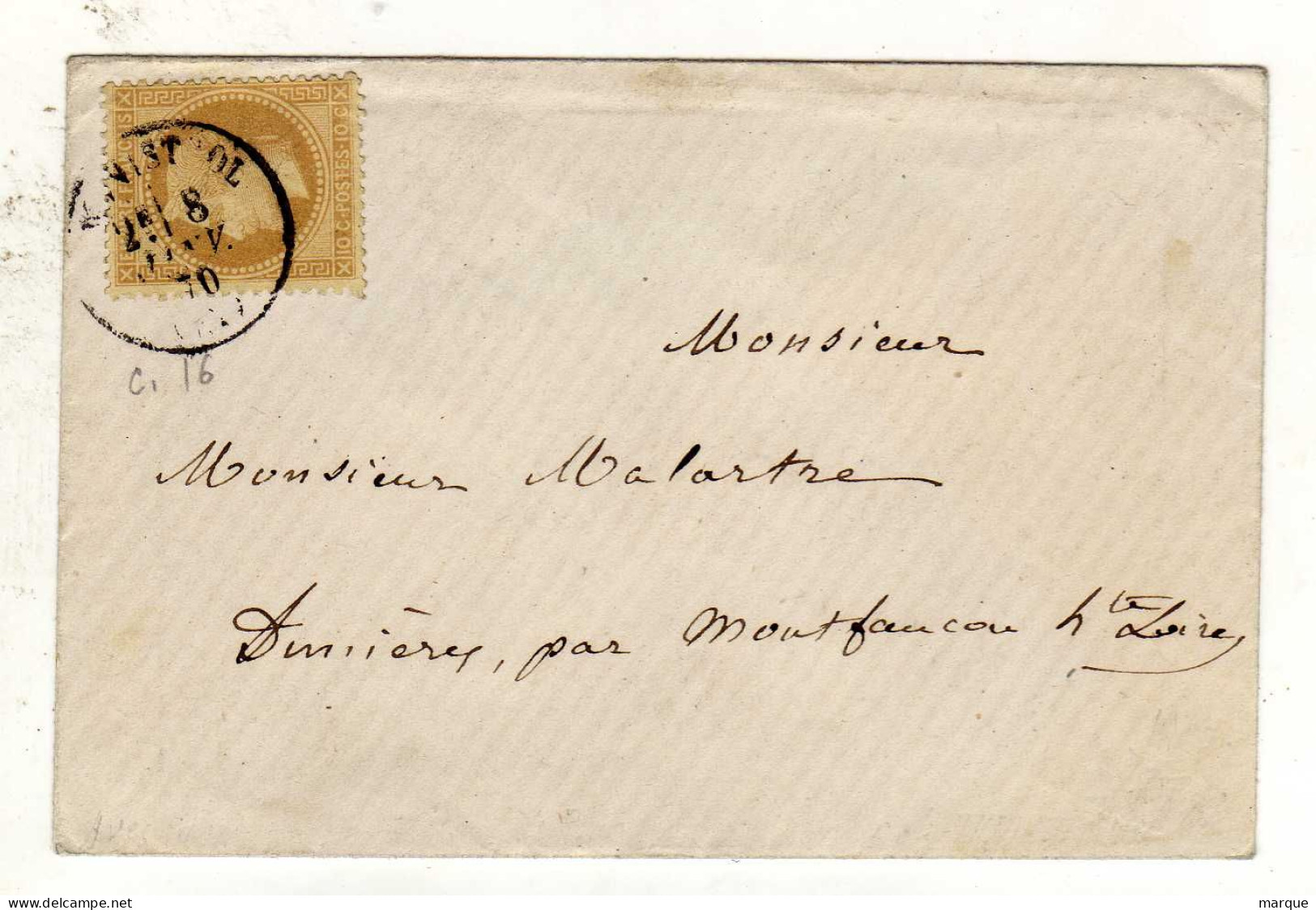 Enveloppe FRANCE Avec Timbre 10c Bistre Oblitération 08/01/1870 - 1849-1876: Classic Period