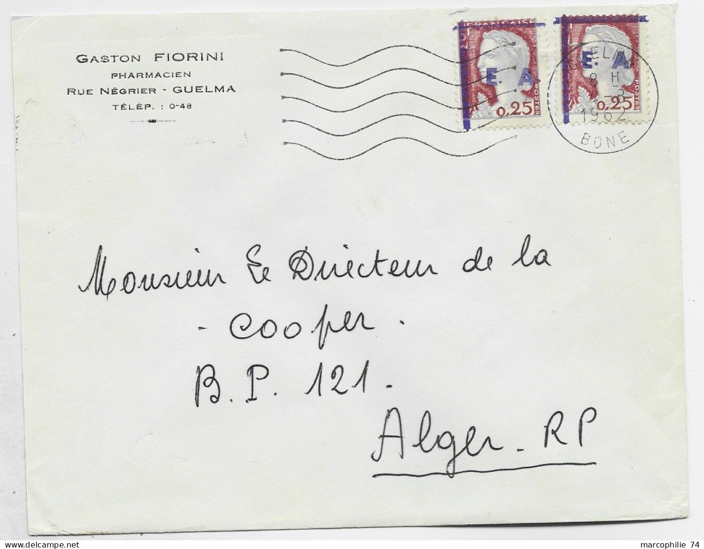 DECARIS 25C E.A.X2  SURCHARGE VIOLETTE LETTRE MEC SECAP GUELMA 4.8.1962 BONE - 1960 Marianne Of Decaris