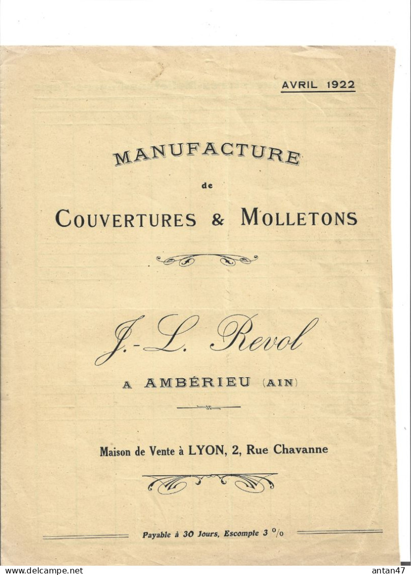 2 Courriers 1899 & Tarifs 1922 / 01 AMBERIEU / 69002 LYON / Manufacture De Couverture REVOL - 1900 – 1949