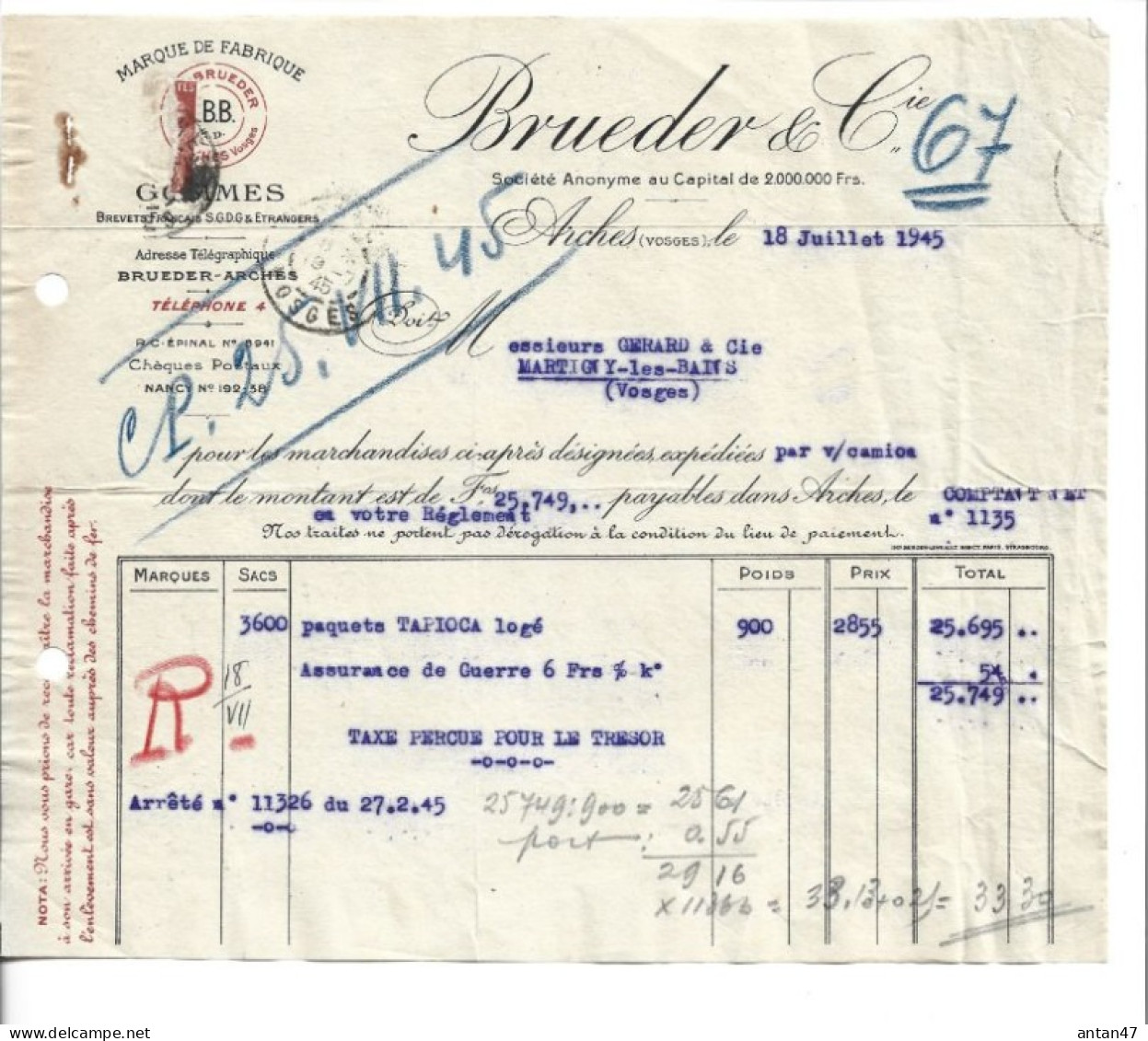 Facture ½ Format 1945 / 88 ARCHES / BRUEDER / Assurance Guerre 6Frs , Taxe Trésor - 1900 – 1949