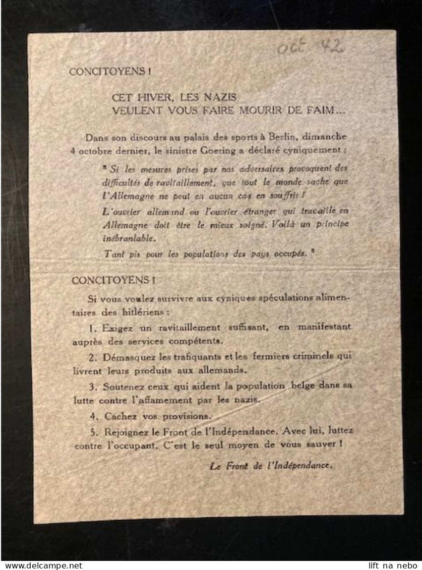 Tract Presse Clandestine Résistance Belge WWII WW2 'Concitoyens! Cet Hiver, Les Nazis Veulent Vous Faire Mourir De...' - Documents