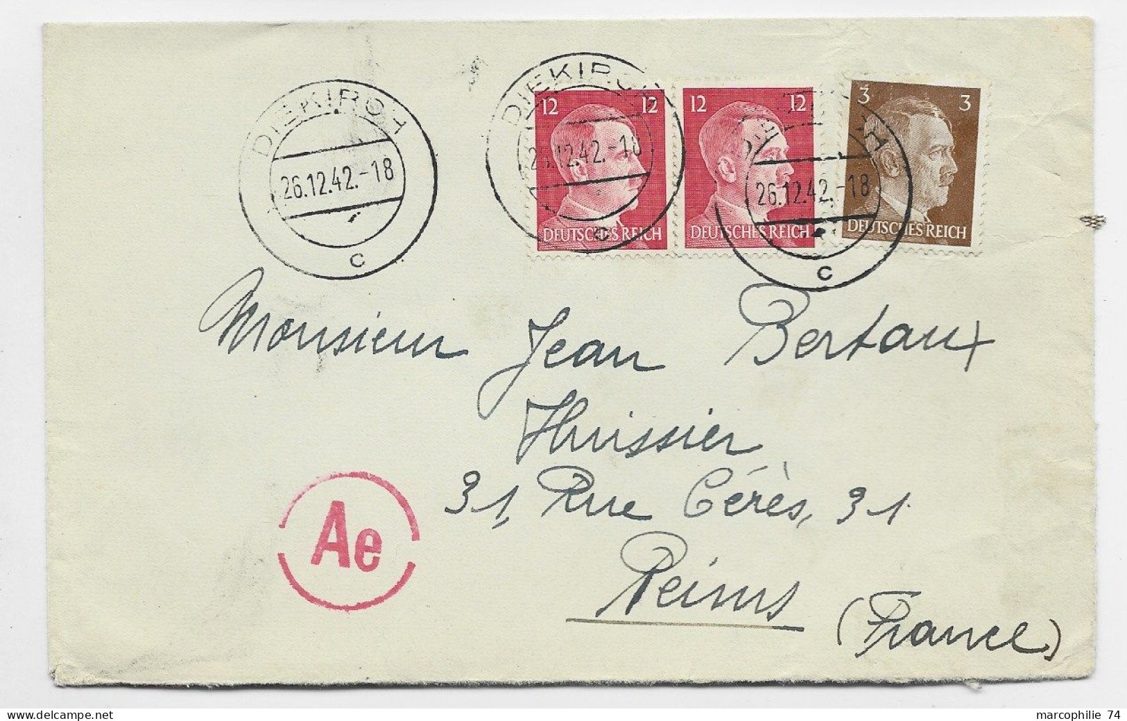 GERMANY HITLER 12CX2+3C  LETTRE BRIEF COVER  DIEKIRCH 26.12.1942  LUXEMBOURG POUR REIMS MARNE + CENSURE AE - 1940-1944 Occupation Allemande