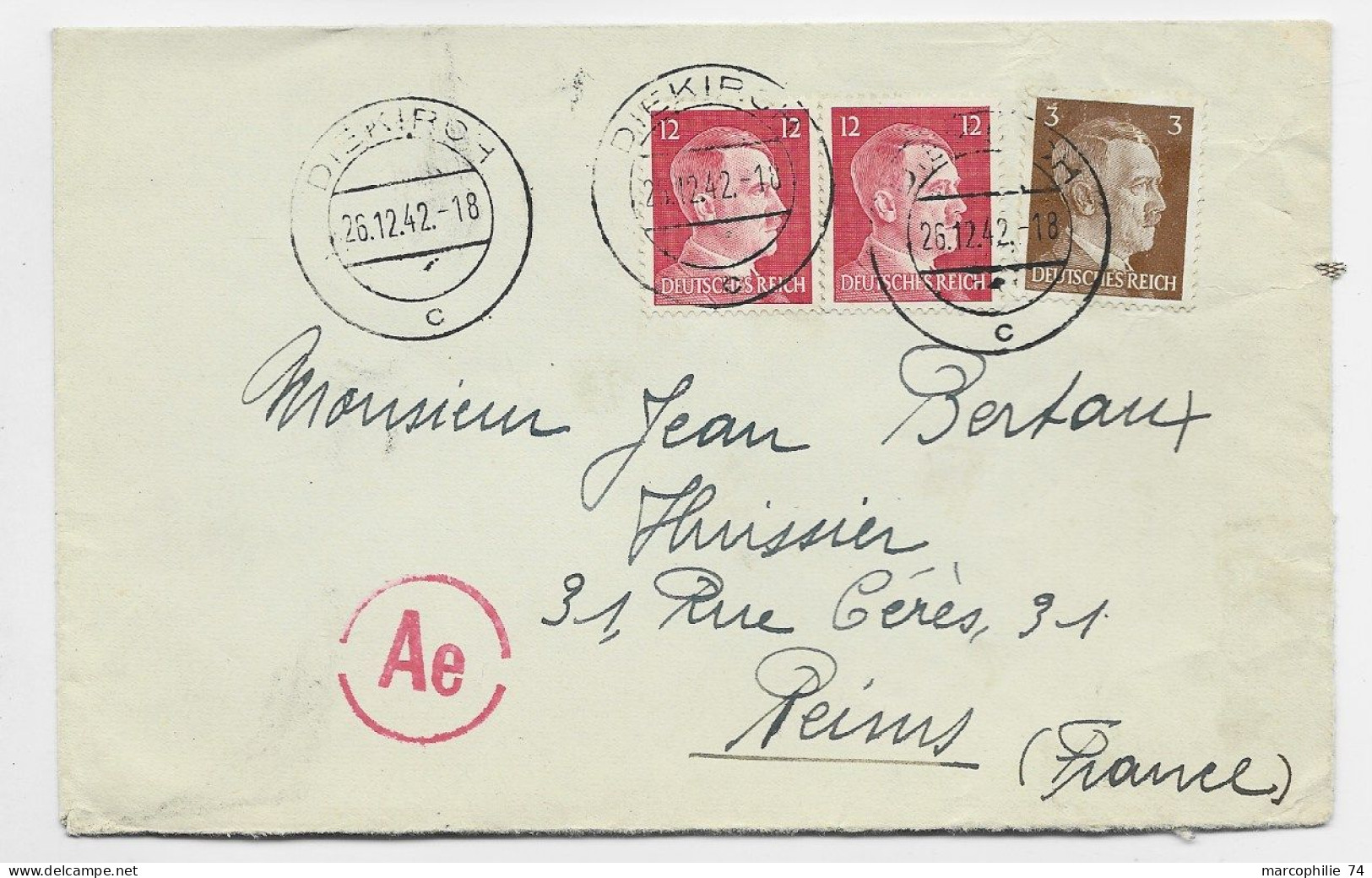 GERMANY HITLER 12CX2+3C  LETTRE BRIEF COVER  DIEKIRCH 26.12.1942  LUXEMBOURG POUR REIMS MARNE + CENSURE AE - 1940-1944 Duitse Bezetting