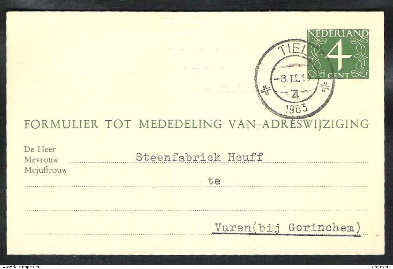 TIEL 4 (2 Kruisen) Kortebalkstempel 1963 Op Adreswijzigingsformulier G 26 > Vuren - Marcofilia