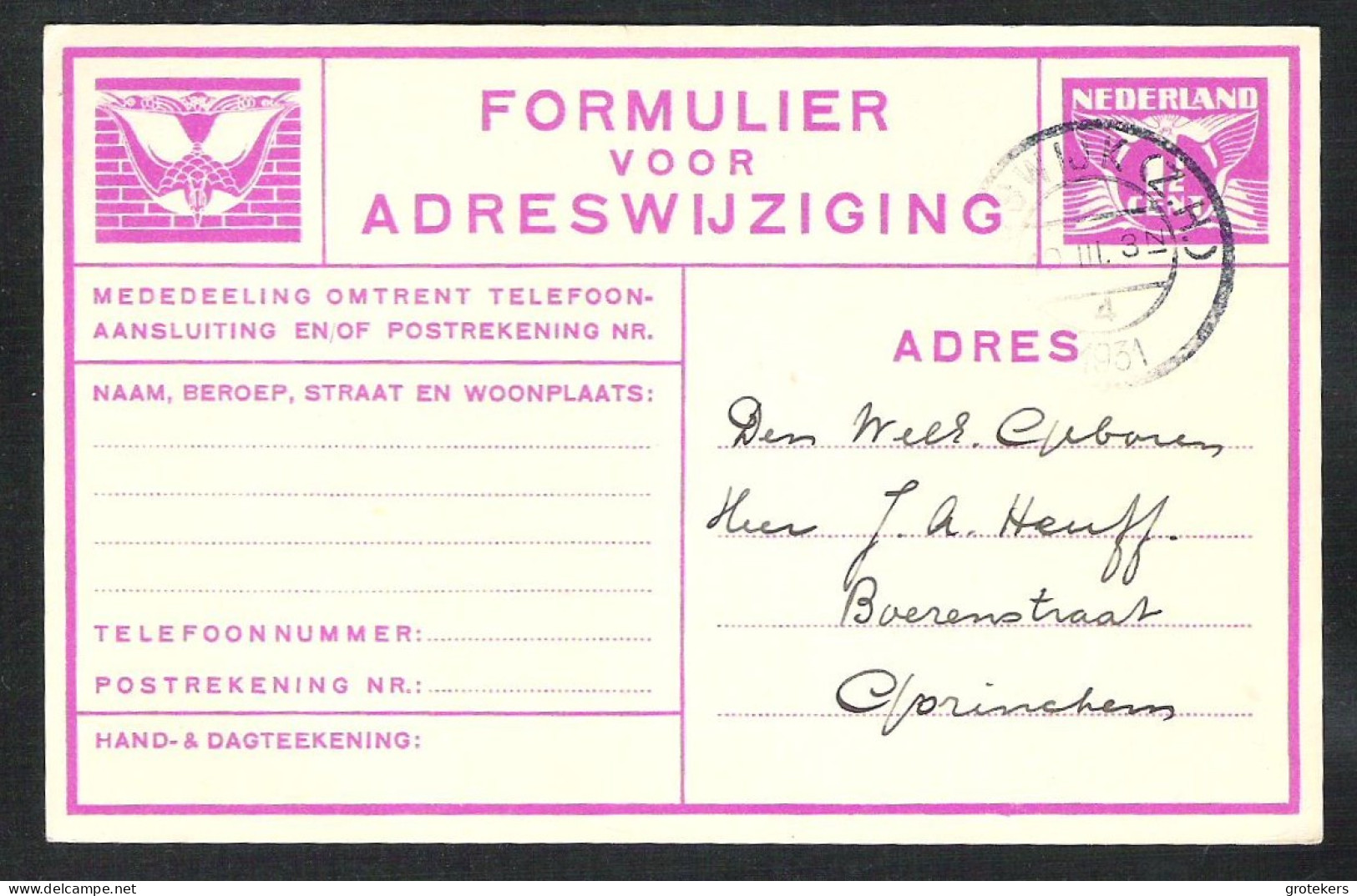 RIJSWIJK (Z.H.) 4 Kortebalkstempel 1931 Op Adreswijzigingsformulier G 10 > Gorinchem - Storia Postale