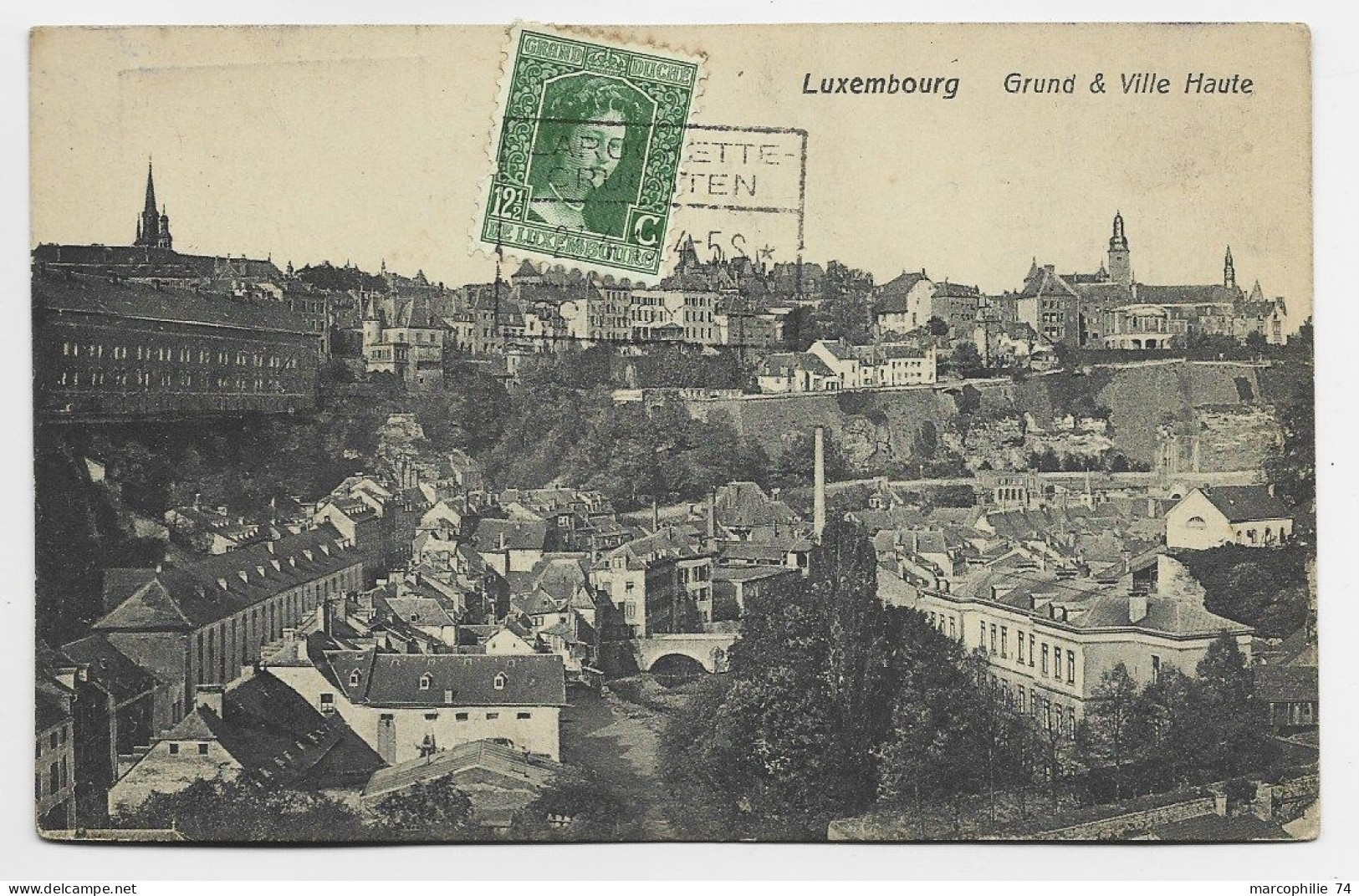 LUXEMBOURG 12C AU RECTO CARTE LUXEMBOURG RECTANGLE AMBULANT LAROCHETTE CRUCHTEN 23.4.1919 - 1914-24 Marie-Adelaide