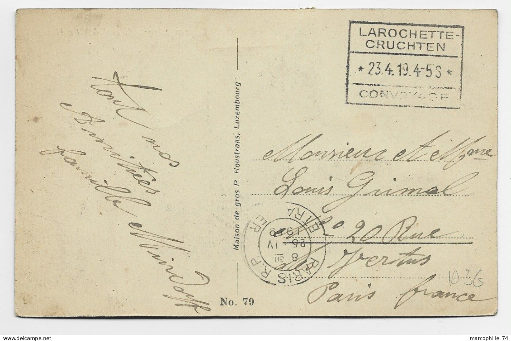 LUXEMBOURG 12C AU RECTO CARTE LUXEMBOURG RECTANGLE AMBULANT LAROCHETTE CRUCHTEN 23.4.1919 - 1914-24 Marie-Adélaïde