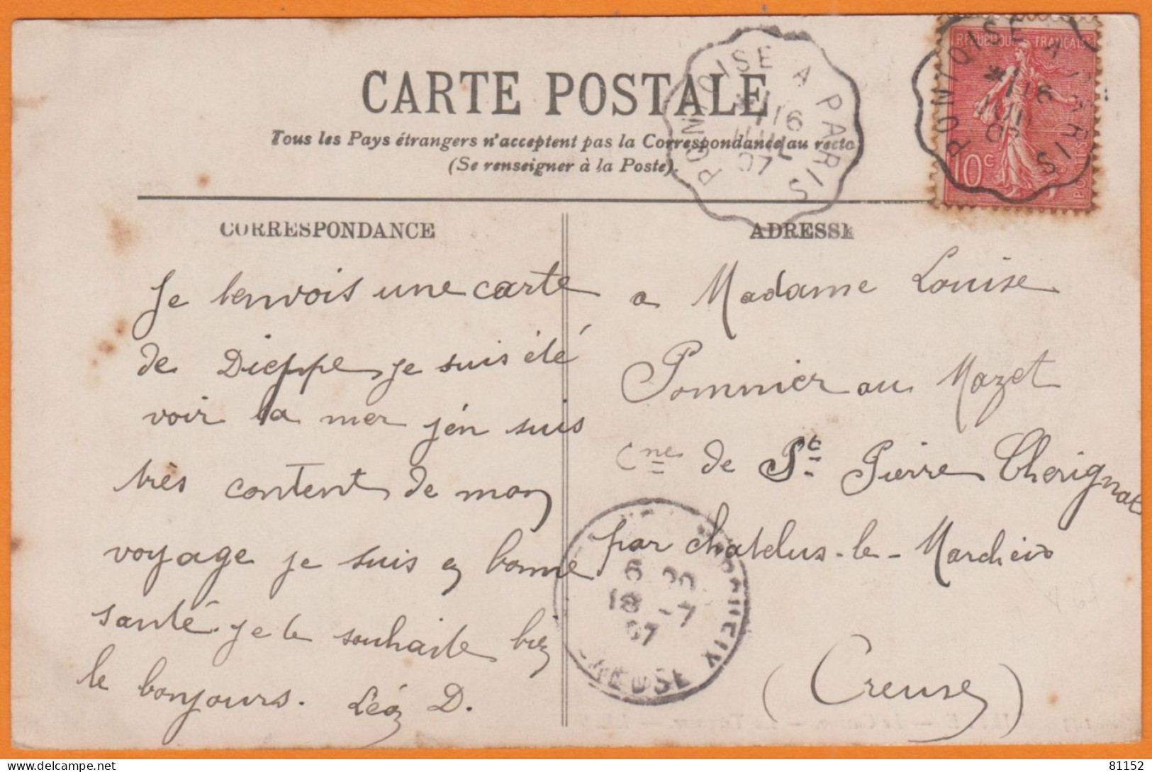 Cachet Ferroviaire  " PONTOISE à PARIS " Sur CPA  De DIEPPE Le Casino 1907 Pour 23 ST-PIERRE CHERIGNAT - Bahnpost