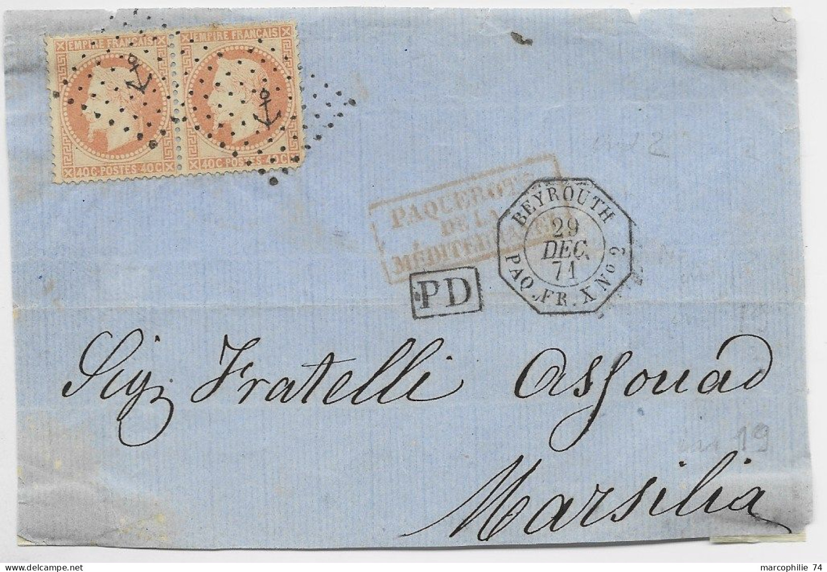 FRANCE LAURE 40C PAIRE DEVANT LETTRE FRONT COVER ANCRE C. BEYROUTH 29 DEC 1871 PAQ FR N°2 COTE 420€ +++ - 1849-1876: Classic Period