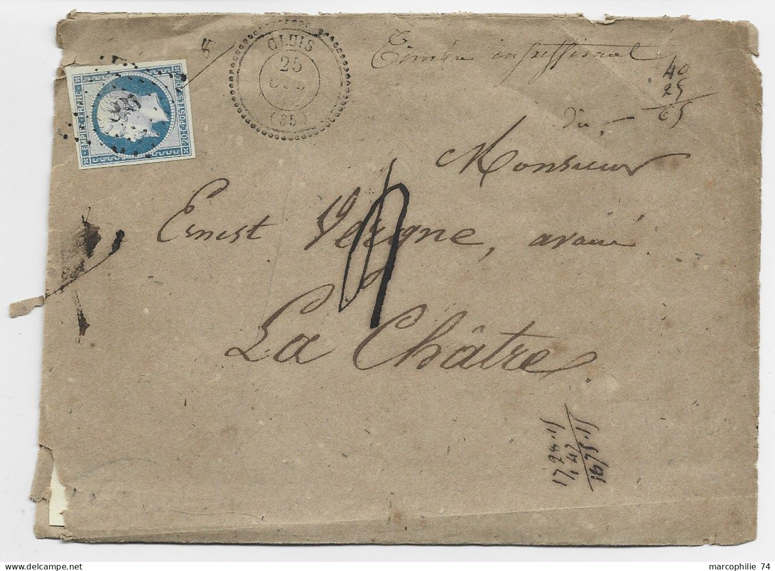 FRANCE N° 14 TB PC TYPE 22 CLUIS 1854 LETTRE MAL OUVERTE TAXE 4 MANUSCRITE - 1849-1876: Classic Period