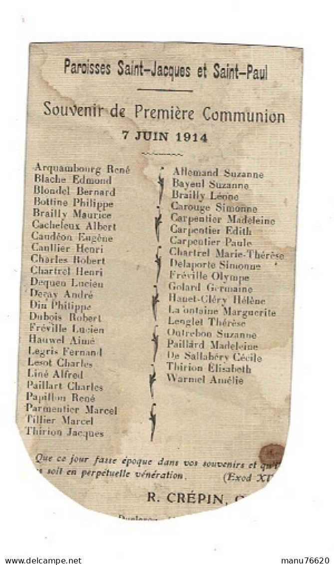 IMAGE RELIGIEUSE - CANIVET : Liste Noms Paroisses Saint Jacques Et Saint Paul En 1914 - France . - Religión & Esoterismo