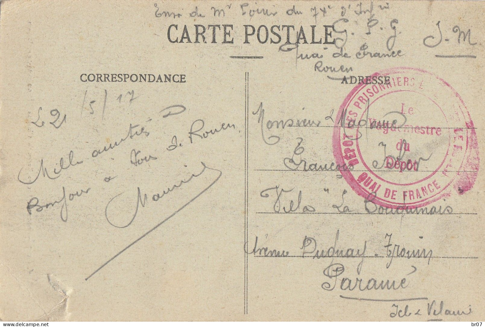 SEINE INFERIEURE CP 1917 DEPOT DE PRISONNIERS DE GUERRE QUAI DE FRANCE A ROUEN - WW I