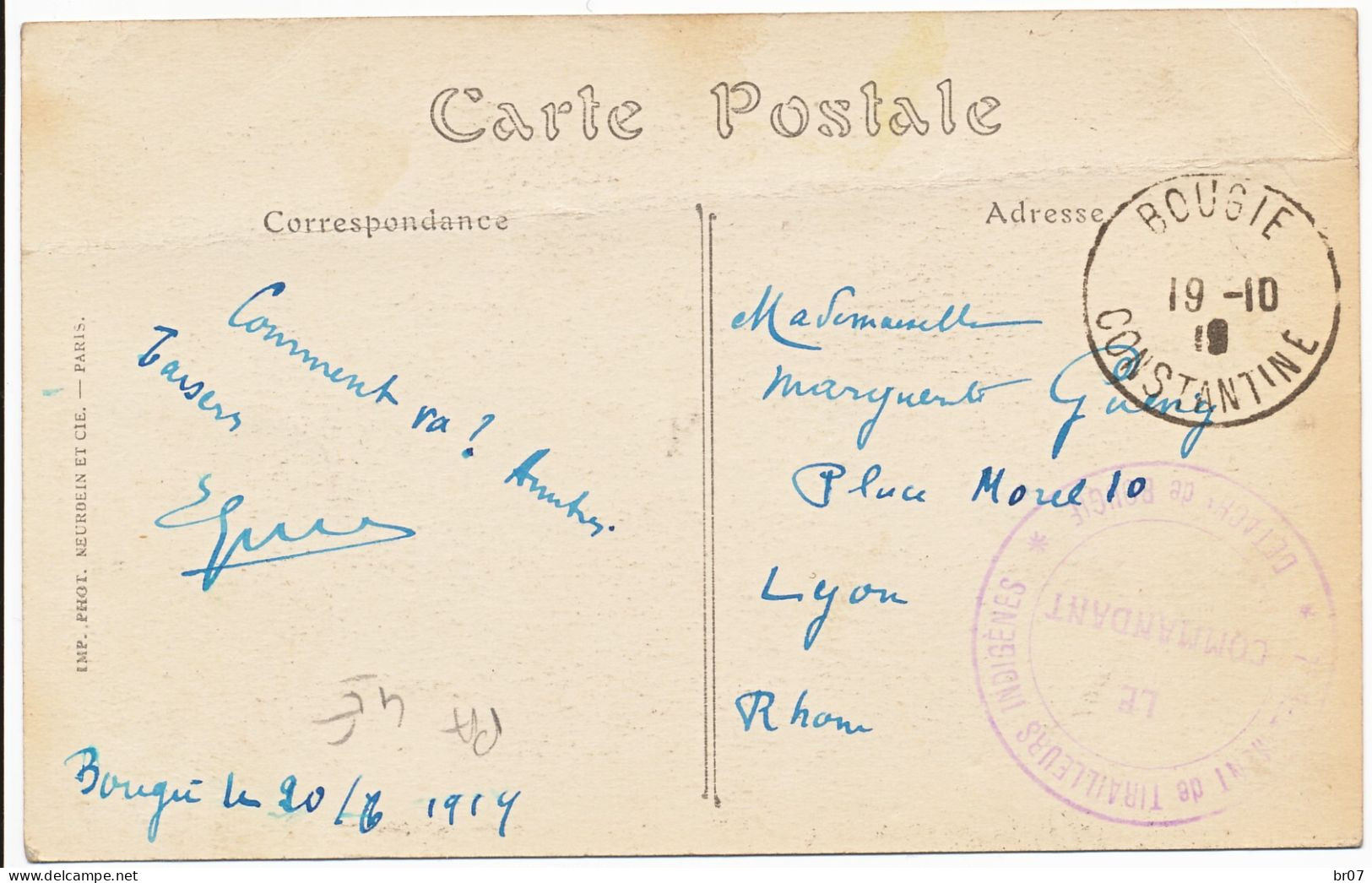 ALGERIE CP 1919 BOUGIE CONSTANTINE FM 7° REGIMENT DE TIRAILLEURS INDIGENES DETACHEMENT DE BOUGIE - Storia Postale