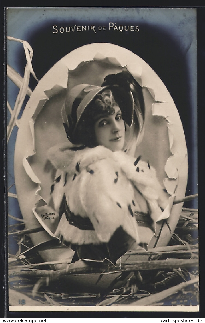 Foto-AK Atelier Reutlinger, Paris: Souvenir De Paques, Damenportrait Auf Osterei  - Photographs