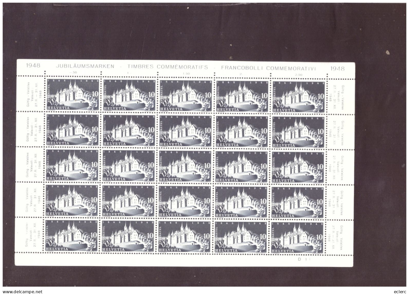 4 FEUILLES COMPLETES No 281-284 - CENTENAIRE DE NEUCHATEL 1848-1948  - MICROS TRACES AUX COINS - COTE: 100.- - Blocs & Feuillets