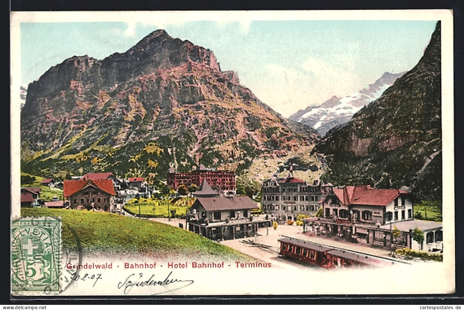 AK Grindelwald, Hotel Bahnhof-Terminus Und Bahnhof Mit Strassenbahn  - Grindelwald