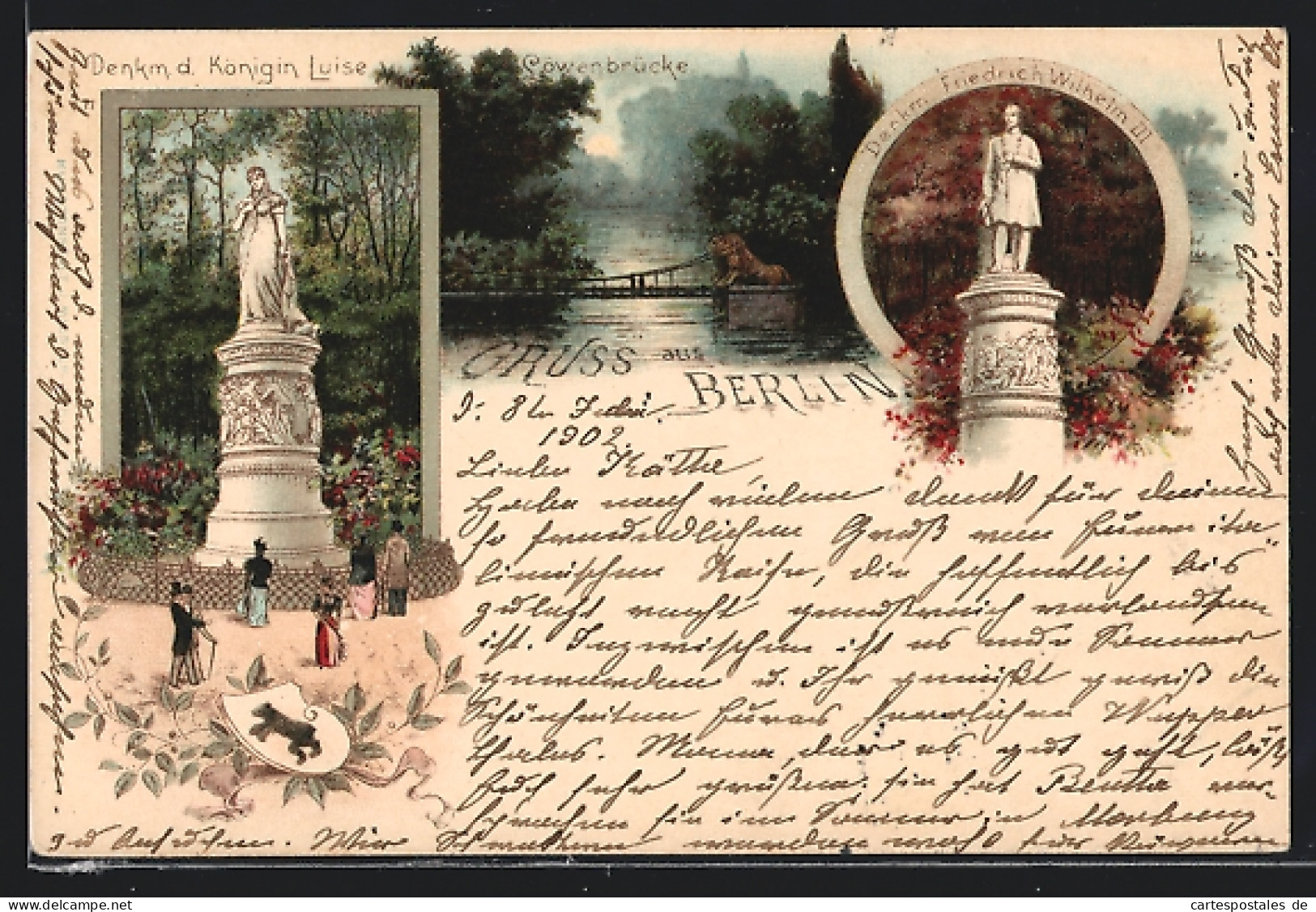 Lithographie Berlin-Tiergarten, Denkmal D. Königin Luise, Löwenbrücke, Denkmal Friedrich Wilhelm III.  - Tiergarten