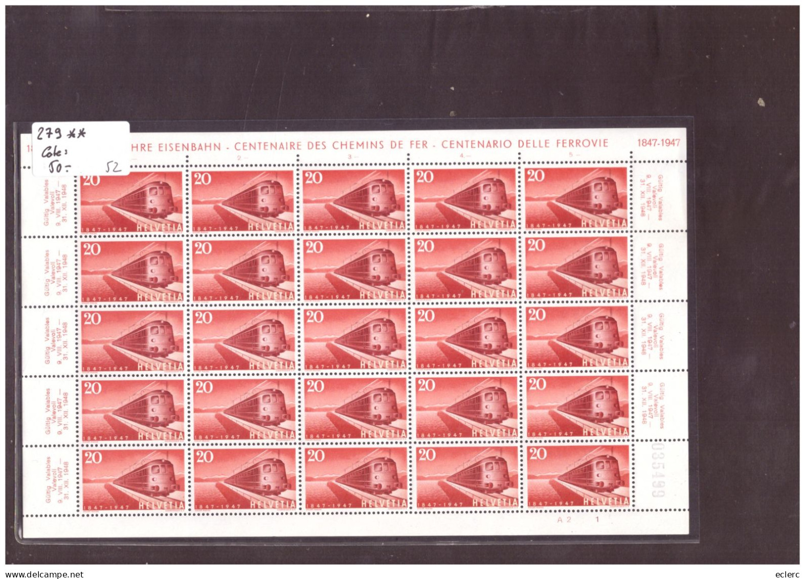 FEUILLE COMPLETE No 279  EN PARFAIT ETAT - CENTENAIRE DES CHEMINS DE FER 1847-1947 - COTE: 50.- - Blocks & Sheetlets & Panes