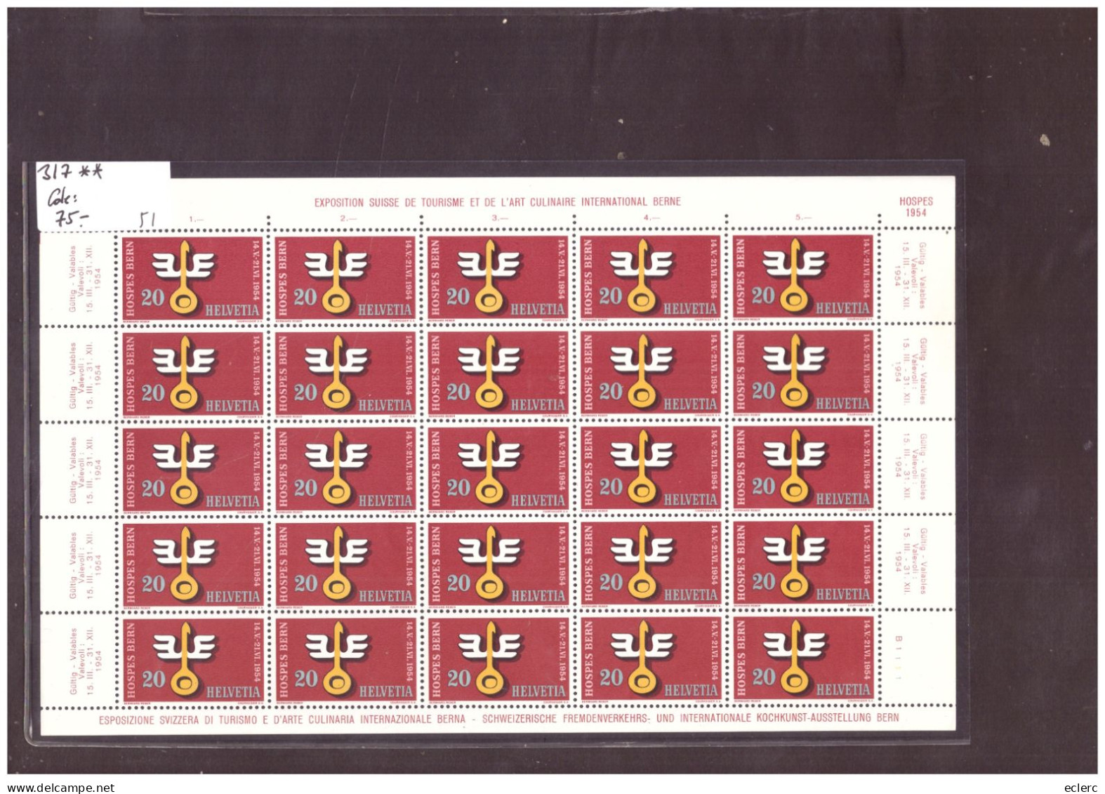 FEUILLE COMPLETE No 317  EN PARFAIT ETAT - HOSPES BERN 1954 - COTE: 75.- - Blocks & Sheetlets & Panes