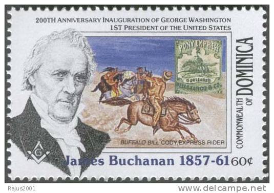 James Buchanan, 15th American President, Lodge No. 43, Freemasonry, Buffalo Bill Cody, Express Rider, Horse MNH Dominica - Vrijmetselarij