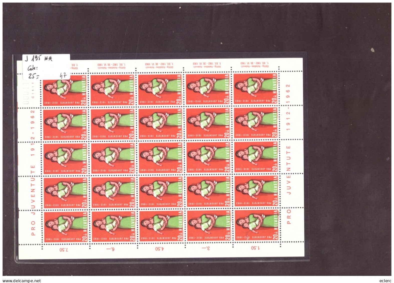 FEUILLE COMPLETE No J 195 EN PARFAIT ETAT - CINQUANTENAIRE PRO JUVENTUTE 1912-1962 - COTE: 25.- - Blocks & Kleinbögen