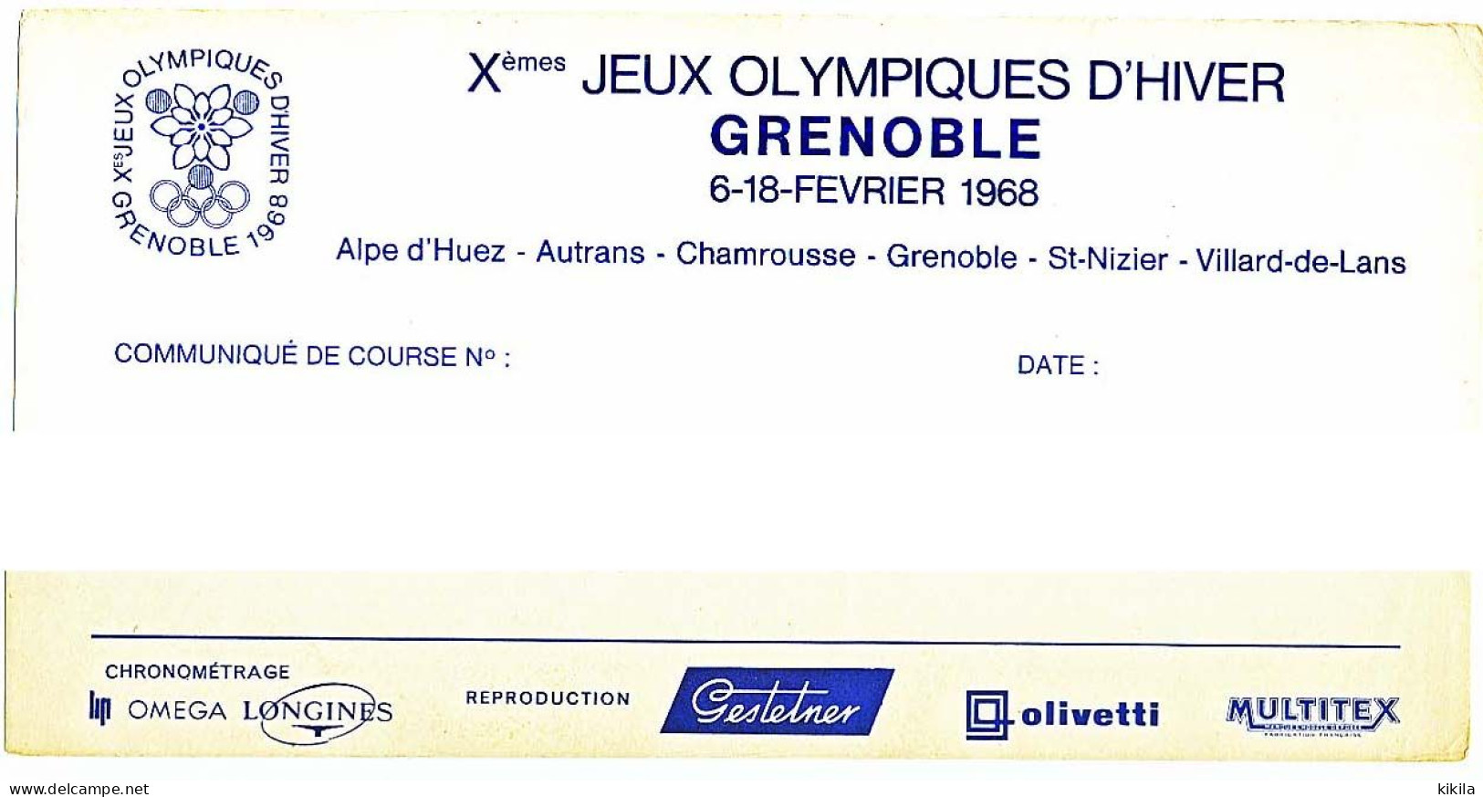 Communiqué De Course à L'en-tête Des X° Jeux Olympiques D'Hiver De Grenoble 1968 Olympic Games 68 - Otros & Sin Clasificación