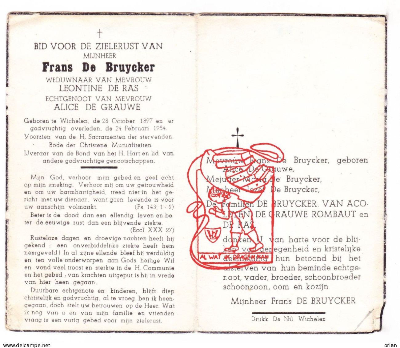 DP Frans De Bruycker ° Wichelen 1897 † 1954 X Leontine De Ras Xx Alice De Grauwe // Van Acoleyen Rombaut - Santini