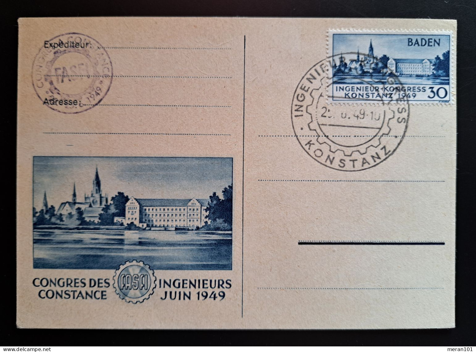 Baden 1949, Postkarte Mi 46 Konstanz Geprüft Schlegel - Bade