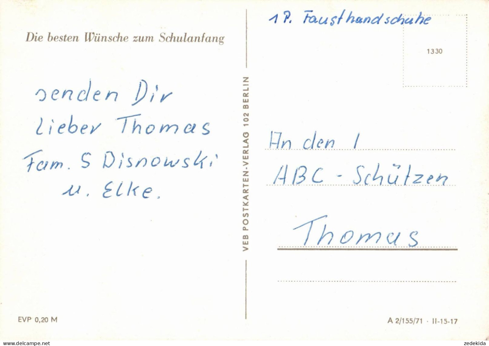 H1833 - Glückwunschkarte Schulanfang - Junge - Verlag Berlin DDR - Children's School Start