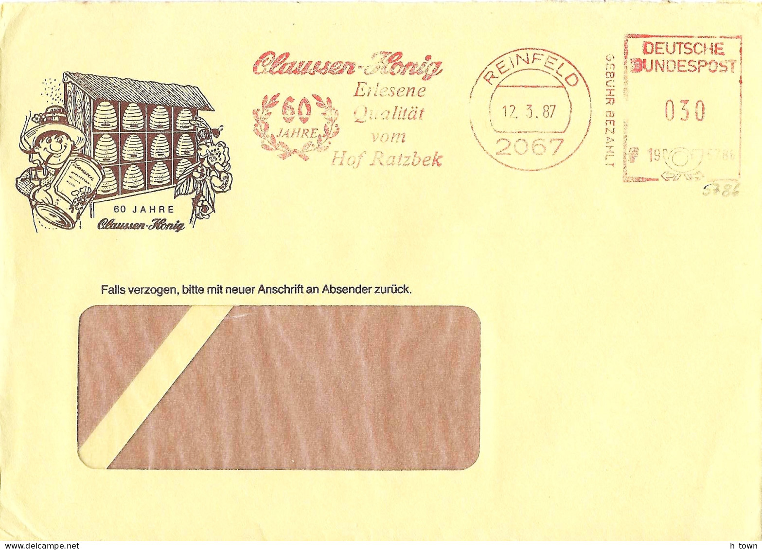 325  Apiculture, Ruche, Miel: Env. à En-tête, Ema 1987 - Beehive Commercial Cover Meter Stamp Bee Honey Abeille Reinfeld - Abeilles