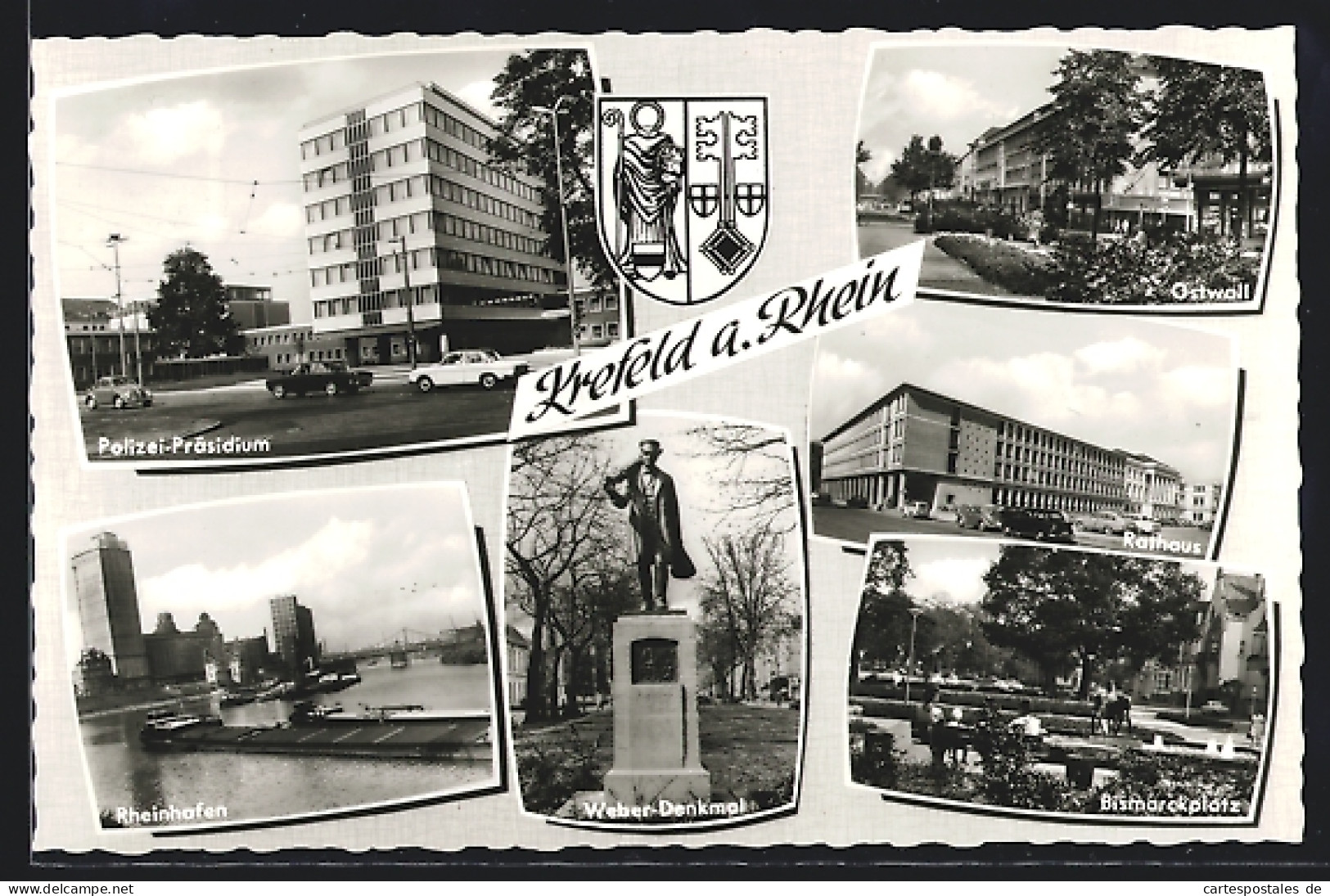 AK Krefeld A. Rhein, Polizei-Präsidium, Weber-Denkmal, Rheinhafen, Bismarckplatz  - Krefeld