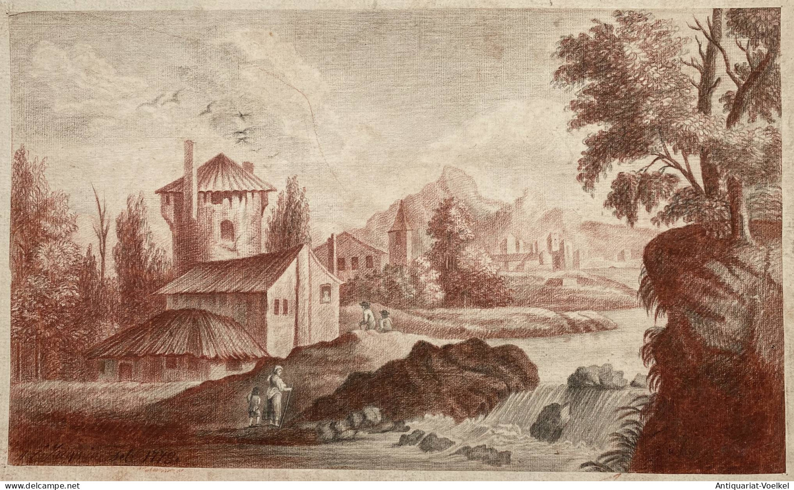 (Landschaft Mit Häusern Und Figurenstaffage - Landscape With Houses) - Zeichnung Dessin Drawing - Stiche & Gravuren