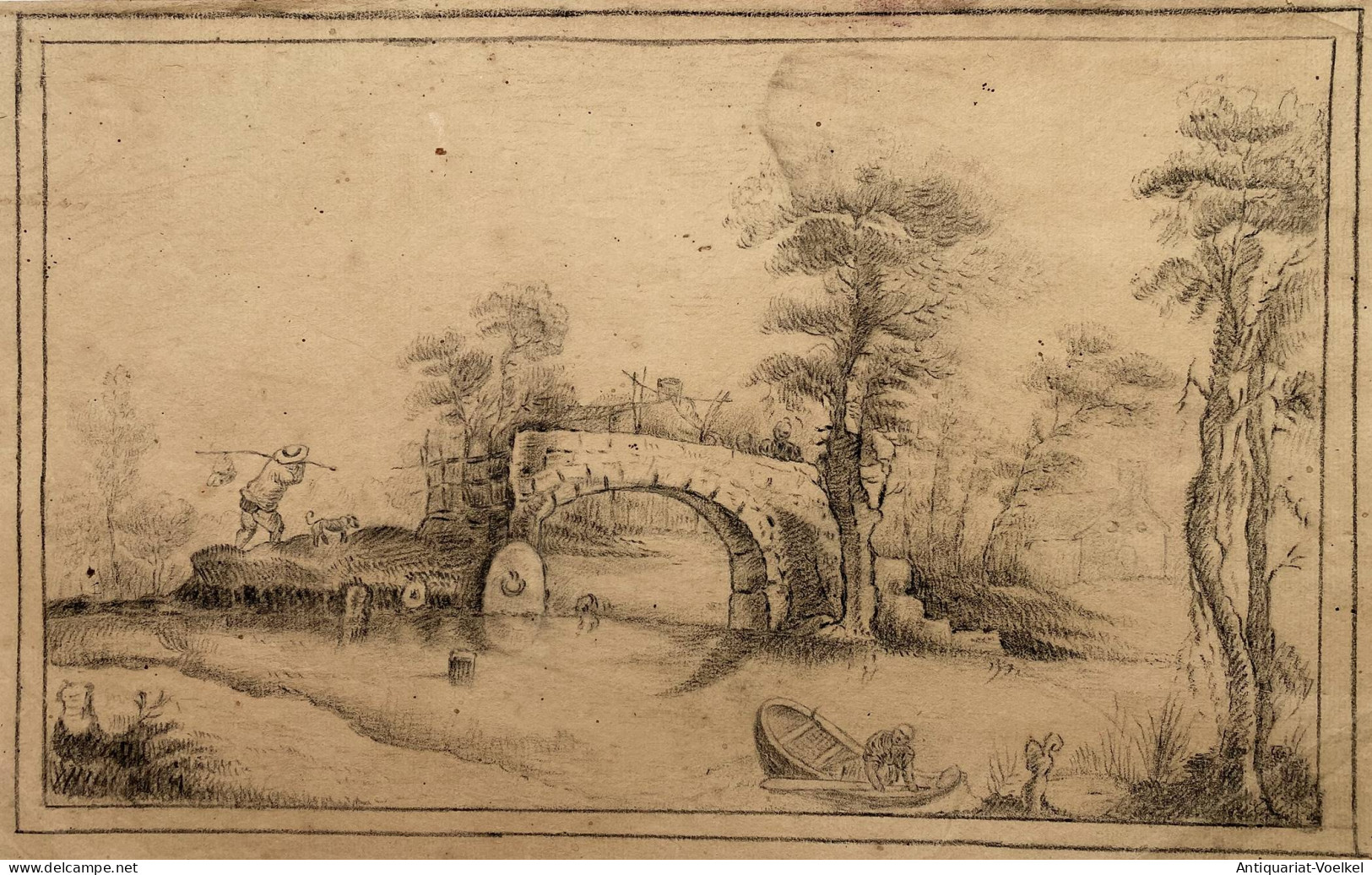 (Flusslandschaft Mit Brücke Und Bauern - River Landscape With Bridge And Farmers) - Zeichnung Dessin Drawing - Stiche & Gravuren