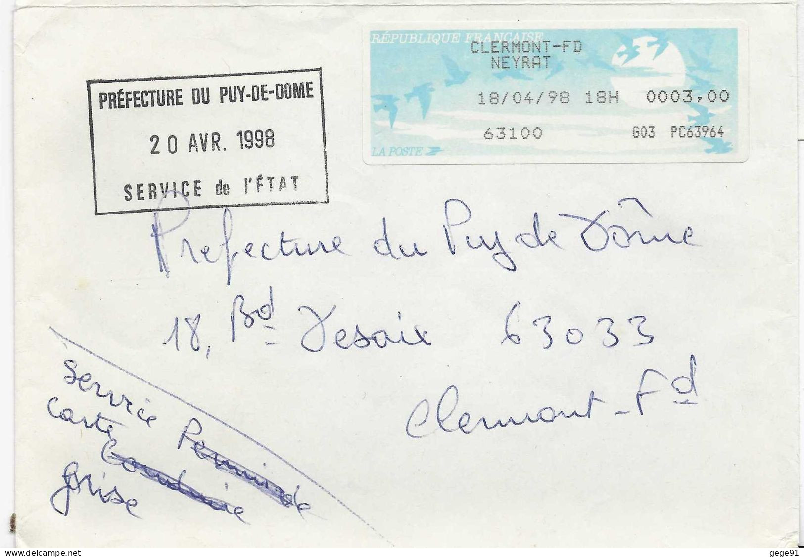 Vignette D'affranchissement De Guichet _ MOG - Clermont Ferrand Neyrat - Puy De Dôme - 1990 Type « Oiseaux De Jubert »