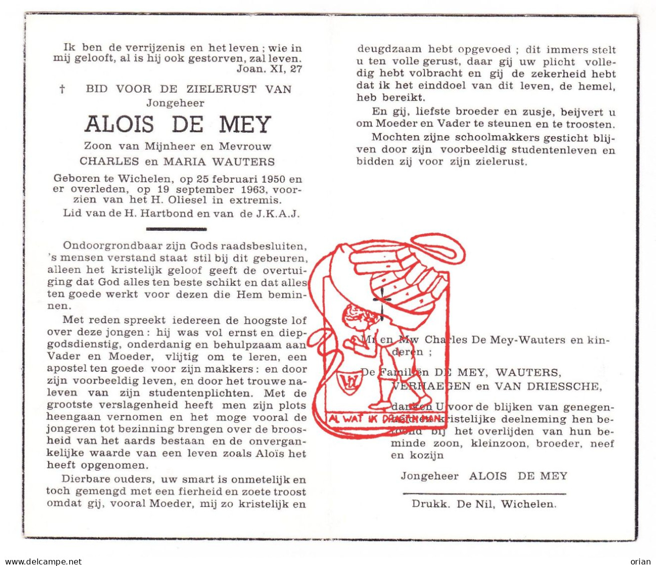 DP Alois De Mey / Wauters 13j. ° Wichelen 1950 † 1963 Verhaegen Van Driessche - Andachtsbilder