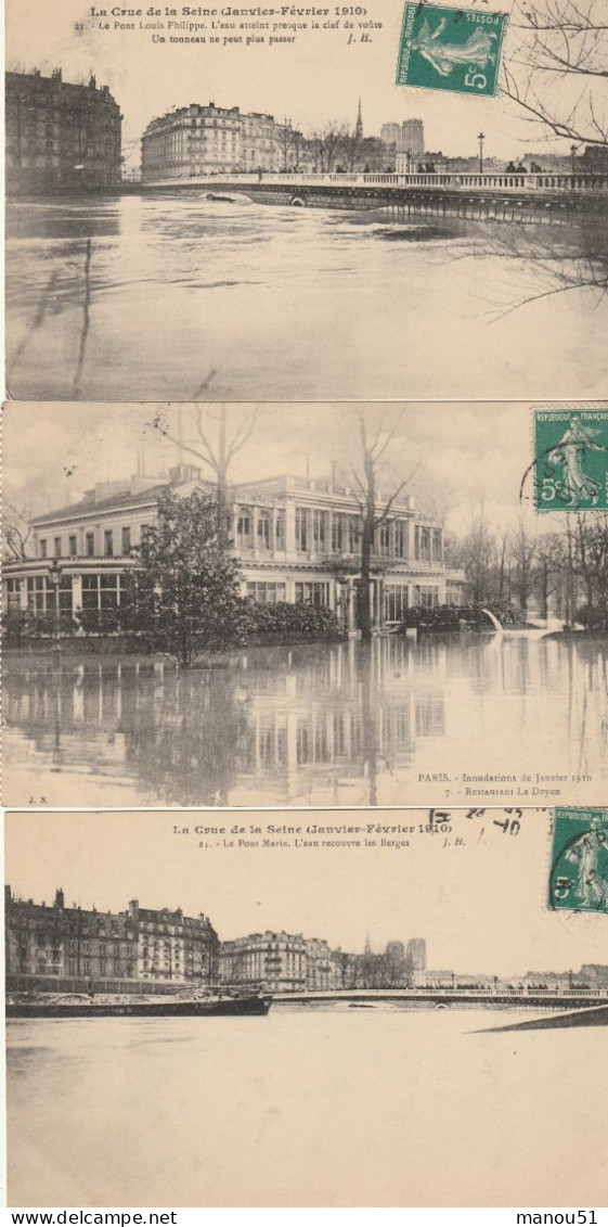 PARIS - Inondations 1910 - Lot De 3 CPA  Le Pont Marie - Restaurant Le Doyen - Le Pont Louis Philippe - Überschwemmung 1910