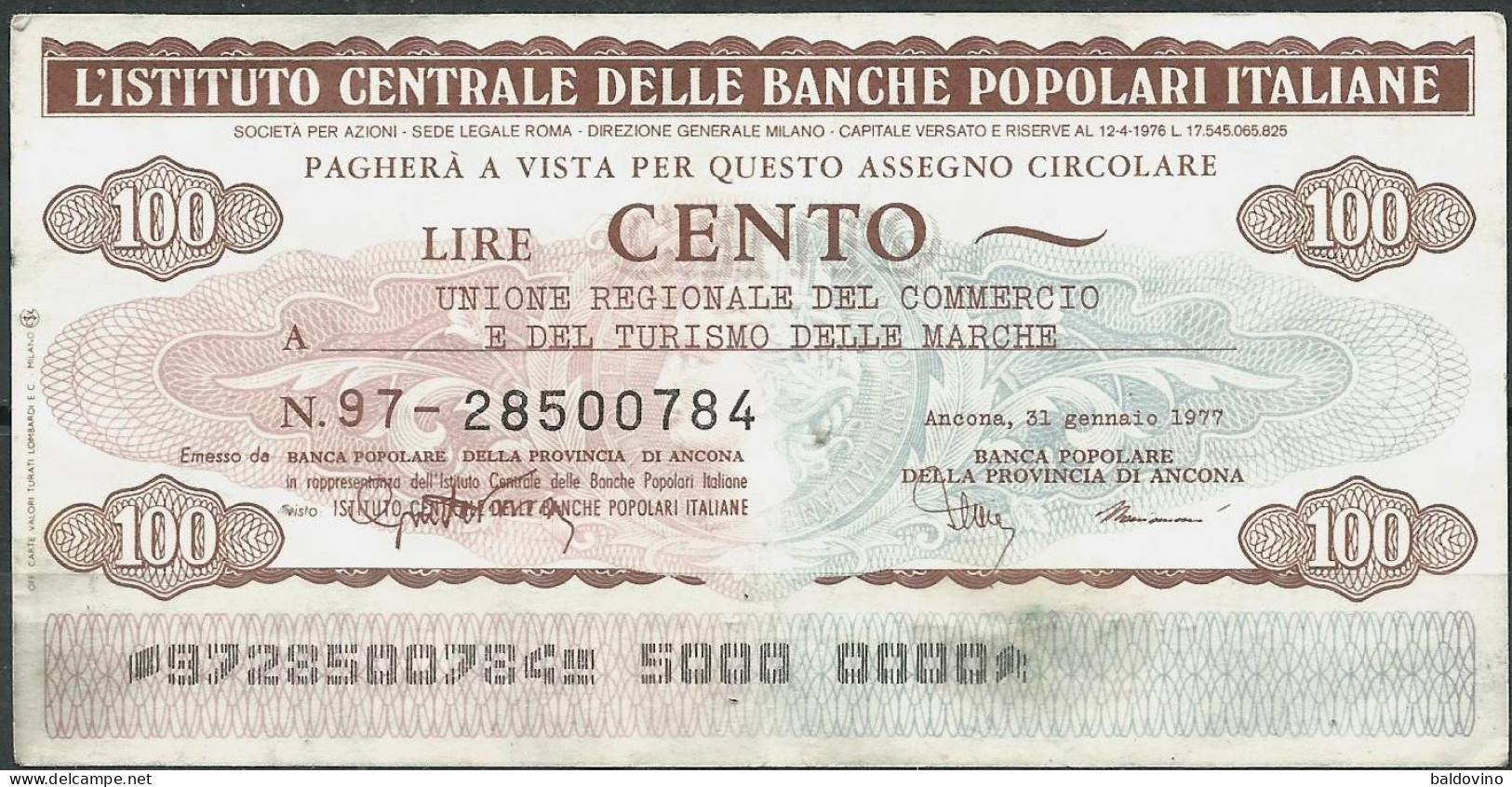ITALIA 1977 Miniassegno 100 £. Banca Popolare Di Ancona - Non Classés