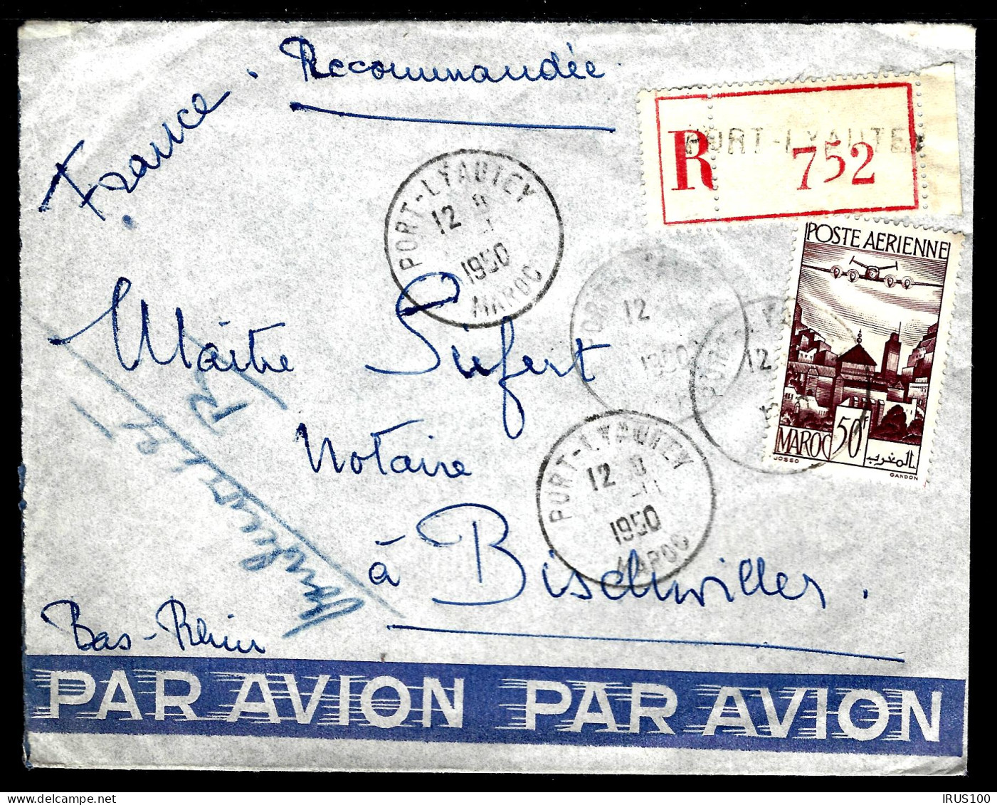 RECOMMANDÉ - 1950 - MAROC / PORT-LYAUTEY /  POSTE AÉRIENNE - POUR BISCHWILLER -  - Cartas & Documentos