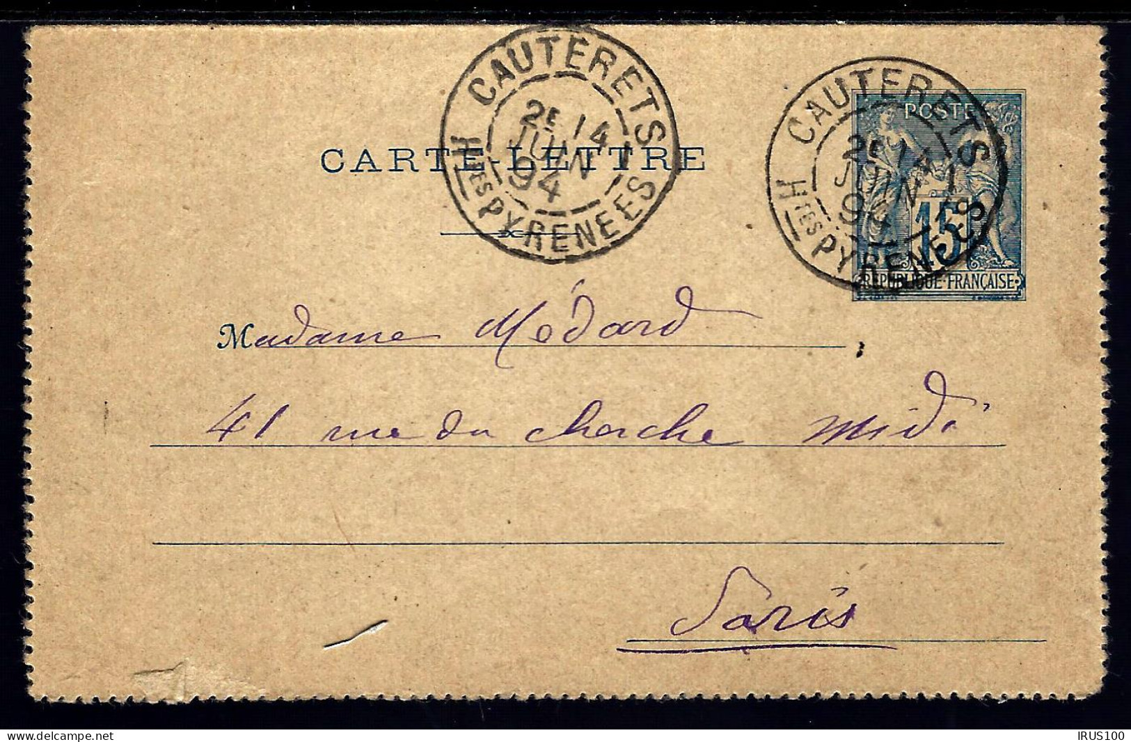 CARTE LETTRE DE CAUTERTS / HAUTES PYRÉNÉES - 1894 - TYPE SAGE - POUR PARIS - Cartoline-lettere