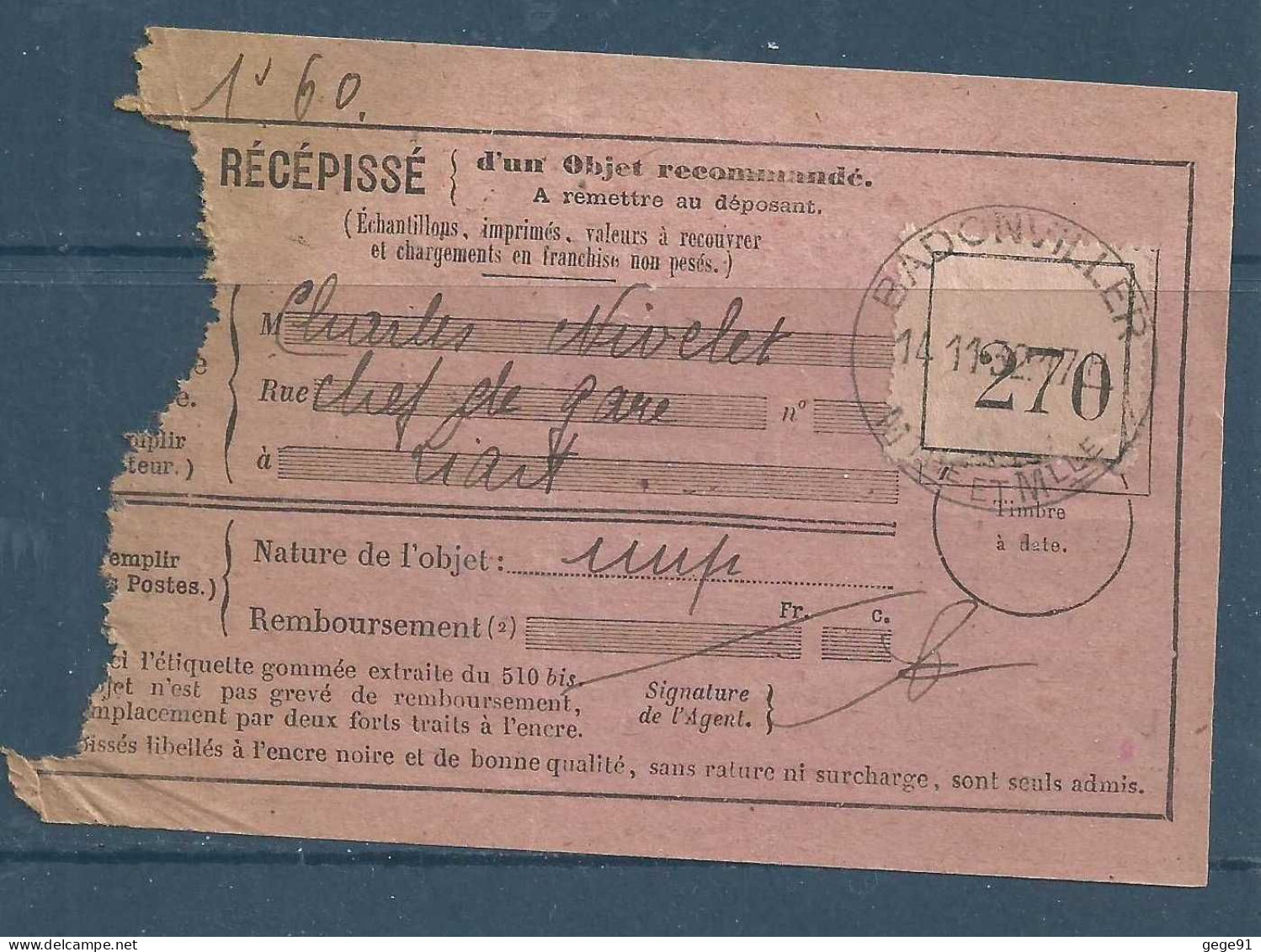 Cachet Manuel De Badonviller - Récépissé D'un Objet Recommandé - 1932 - Handstempel