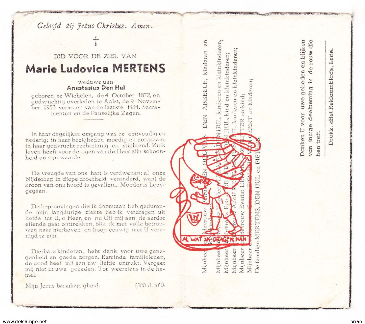DP Marie Ludovica Mertens ° Wichelen 1872 † Aalst 1953 X Anastasius Den Hul // Vandenabbeele Lemmens De Cremer De Sutter - Devotieprenten
