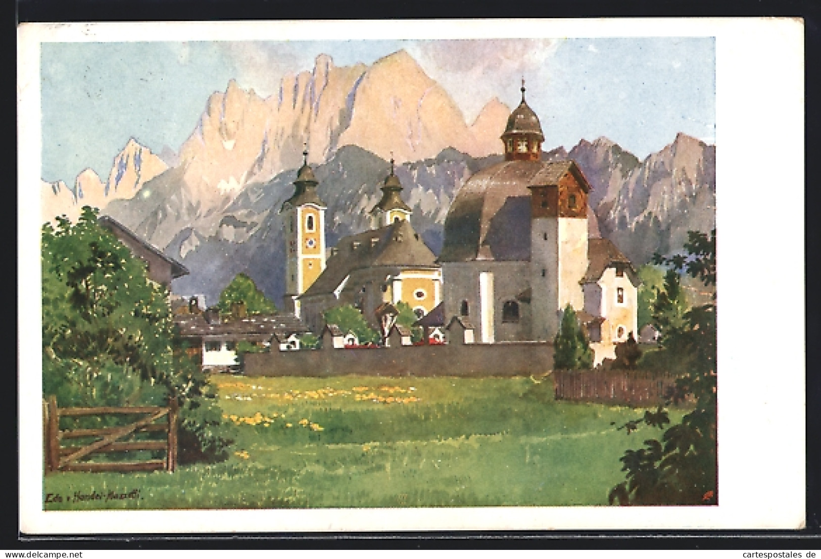 Künstler-AK Edo V. Handel-Mazzetti: St. Johann In Tirol, Antoniuskapelle Und Pfarrkirche Gegen Den Wilden Kaiser  - Sonstige & Ohne Zuordnung