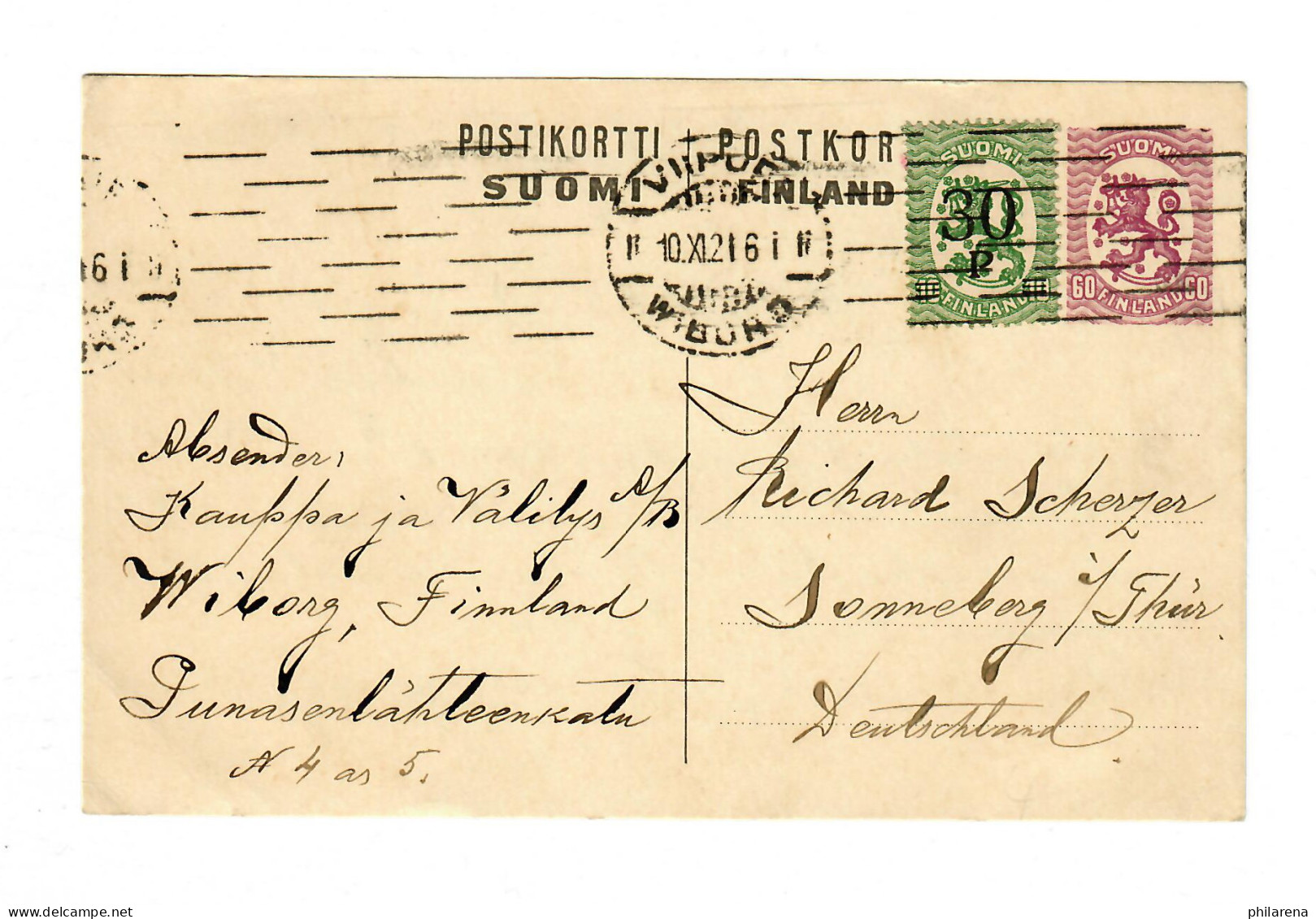 Postkarte Wiborg 1921 Nach Sonneberg/Thüringen - Sonstige & Ohne Zuordnung