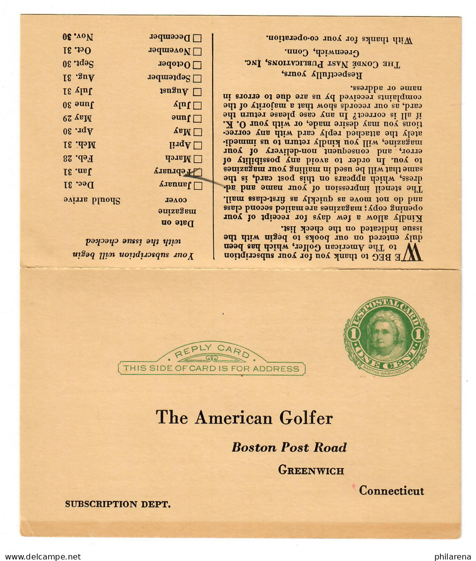 USA: Ganzsache Nach Prag, Rückantwortkarte An Golf Club Greenwich Conn - Autres & Non Classés