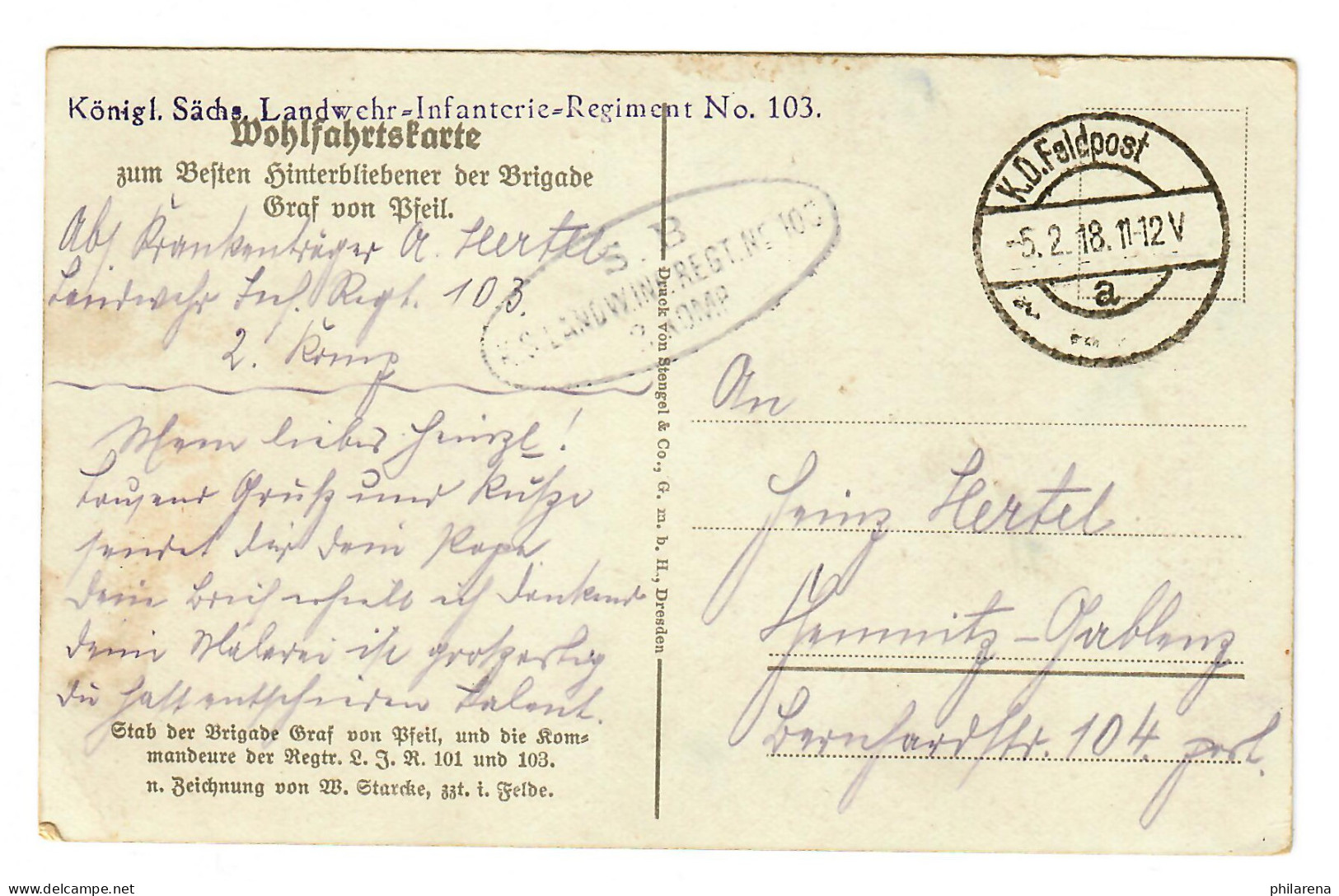 K.D. Feldpost 1918, Königl. Sächs. Landwehr Infanterie Regiment Nr. 103, Karte - Feldpost (Portofreiheit)