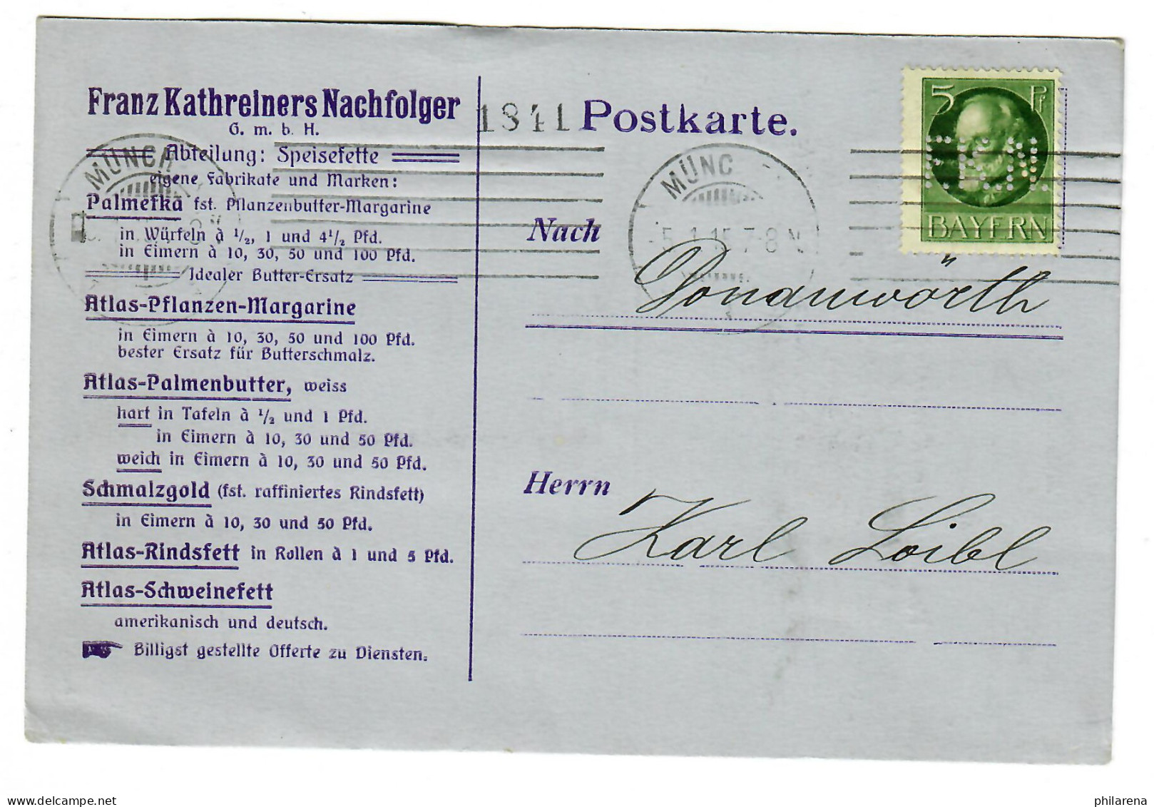 Postkarte Perfin - Firmenlochung FKN, München Nach Donauwörth, 1915 - Briefe U. Dokumente