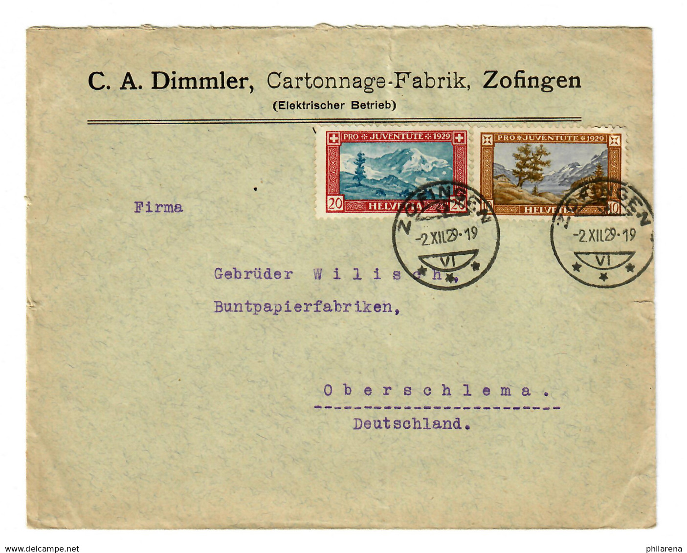 Karton Fabrik Zofingen Nach Oberschlema, 1929 - Other & Unclassified