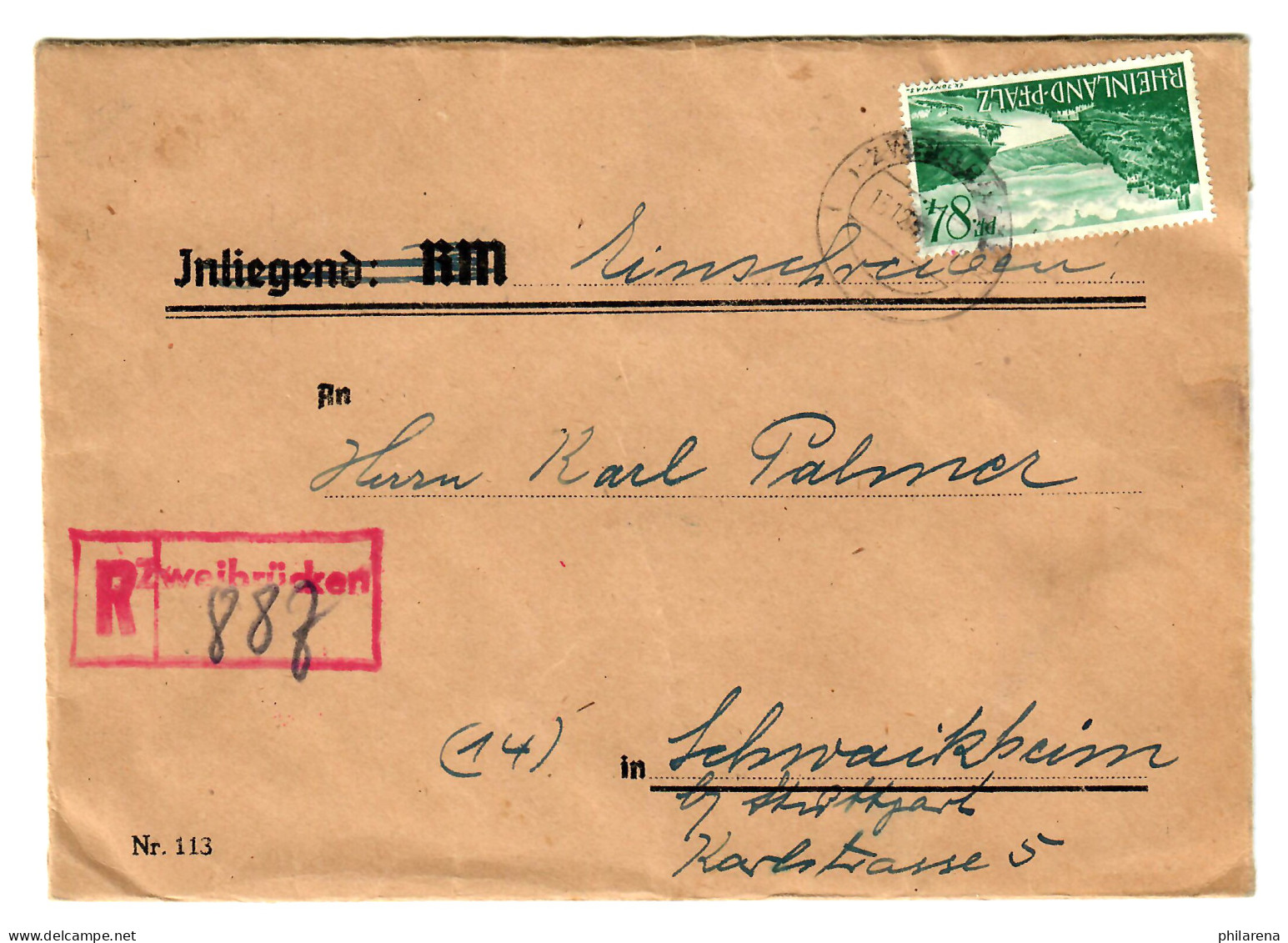 Einschreiben Zweibrücken Nach Schwaikheim 1947 - Renania-Palatinado
