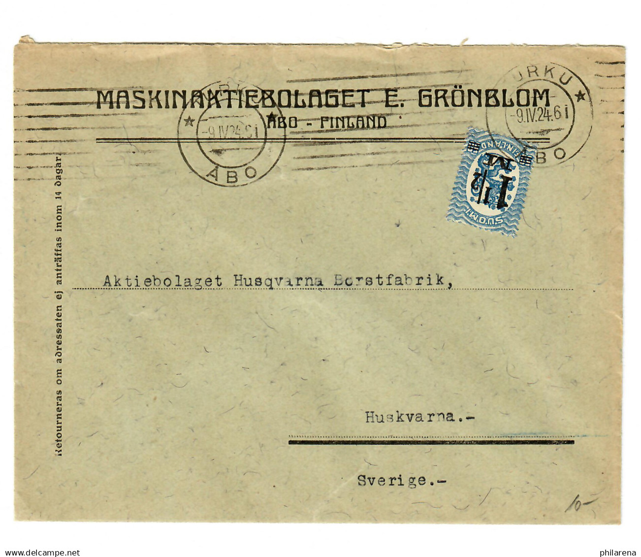 Brief Aus Turku, 1924 Nach Schweden, Huskvarna - Other & Unclassified